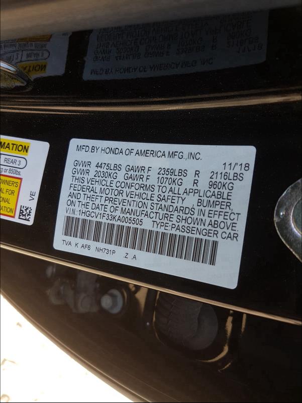 Photo 9 VIN: 1HGCV1F33KA005505 - HONDA ACCORD SPO 