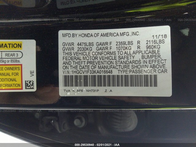 Photo 8 VIN: 1HGCV1F33KA016648 - HONDA ACCORD SEDAN 