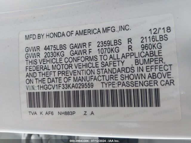 Photo 8 VIN: 1HGCV1F33KA029559 - HONDA ACCORD 