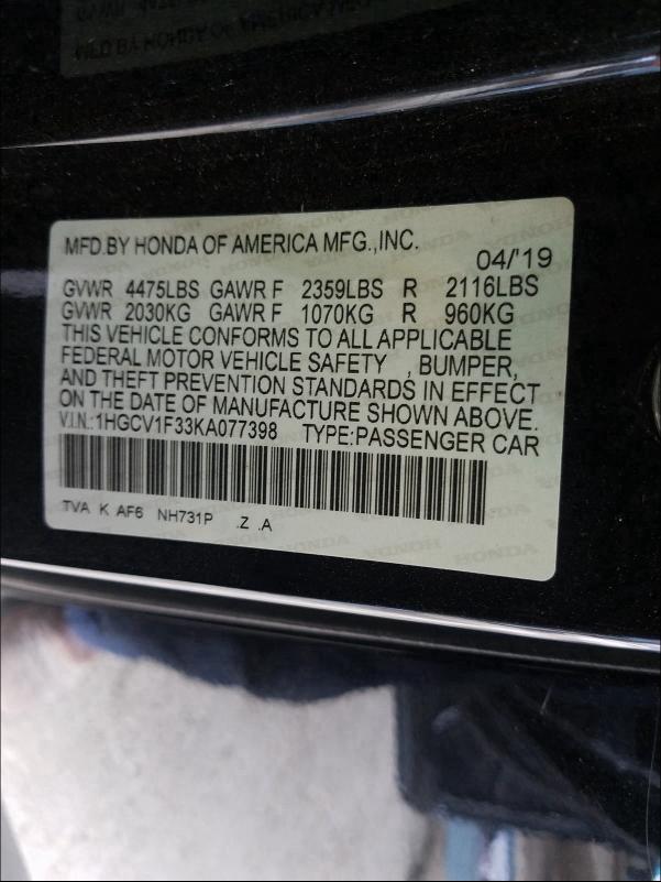 Photo 9 VIN: 1HGCV1F33KA077398 - HONDA ACCORD SPO 