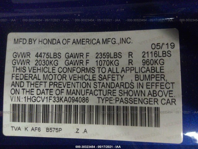 Photo 8 VIN: 1HGCV1F33KA094086 - HONDA ACCORD SEDAN 