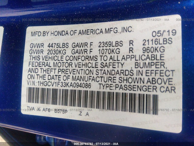 Photo 8 VIN: 1HGCV1F33KA094086 - HONDA ACCORD SEDAN 