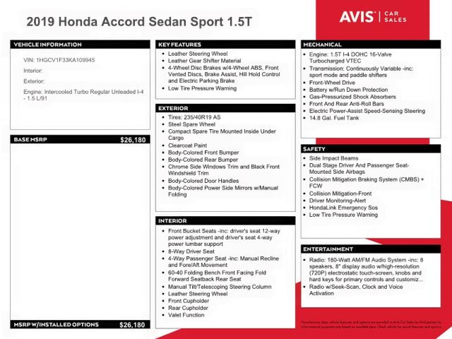 Photo 9 VIN: 1HGCV1F33KA109945 - HONDA ACCORD SPO 