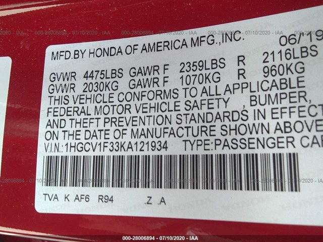 Photo 8 VIN: 1HGCV1F33KA121934 - HONDA ACCORD SEDAN 