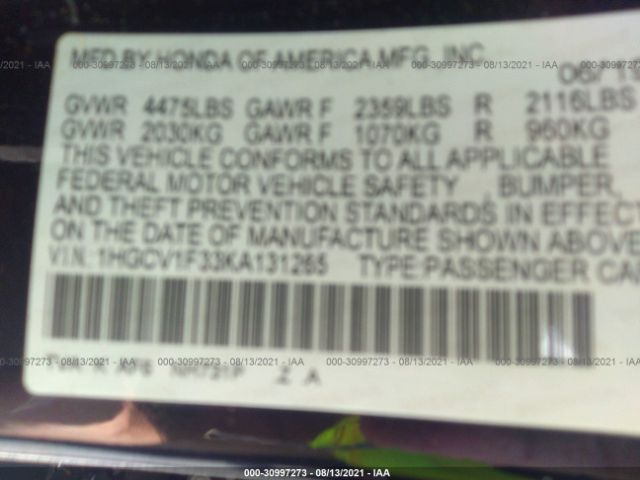 Photo 8 VIN: 1HGCV1F33KA131265 - HONDA ACCORD SEDAN 