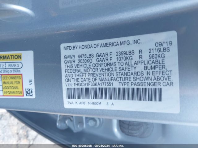 Photo 8 VIN: 1HGCV1F33KA177551 - HONDA ACCORD 