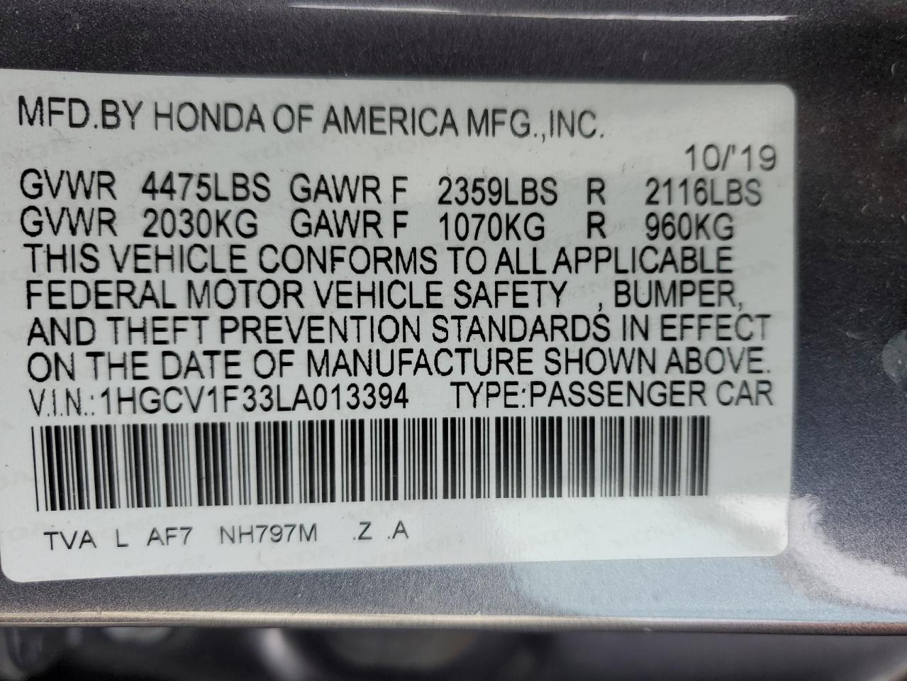 Photo 11 VIN: 1HGCV1F33LA013394 - HONDA ACCORD 