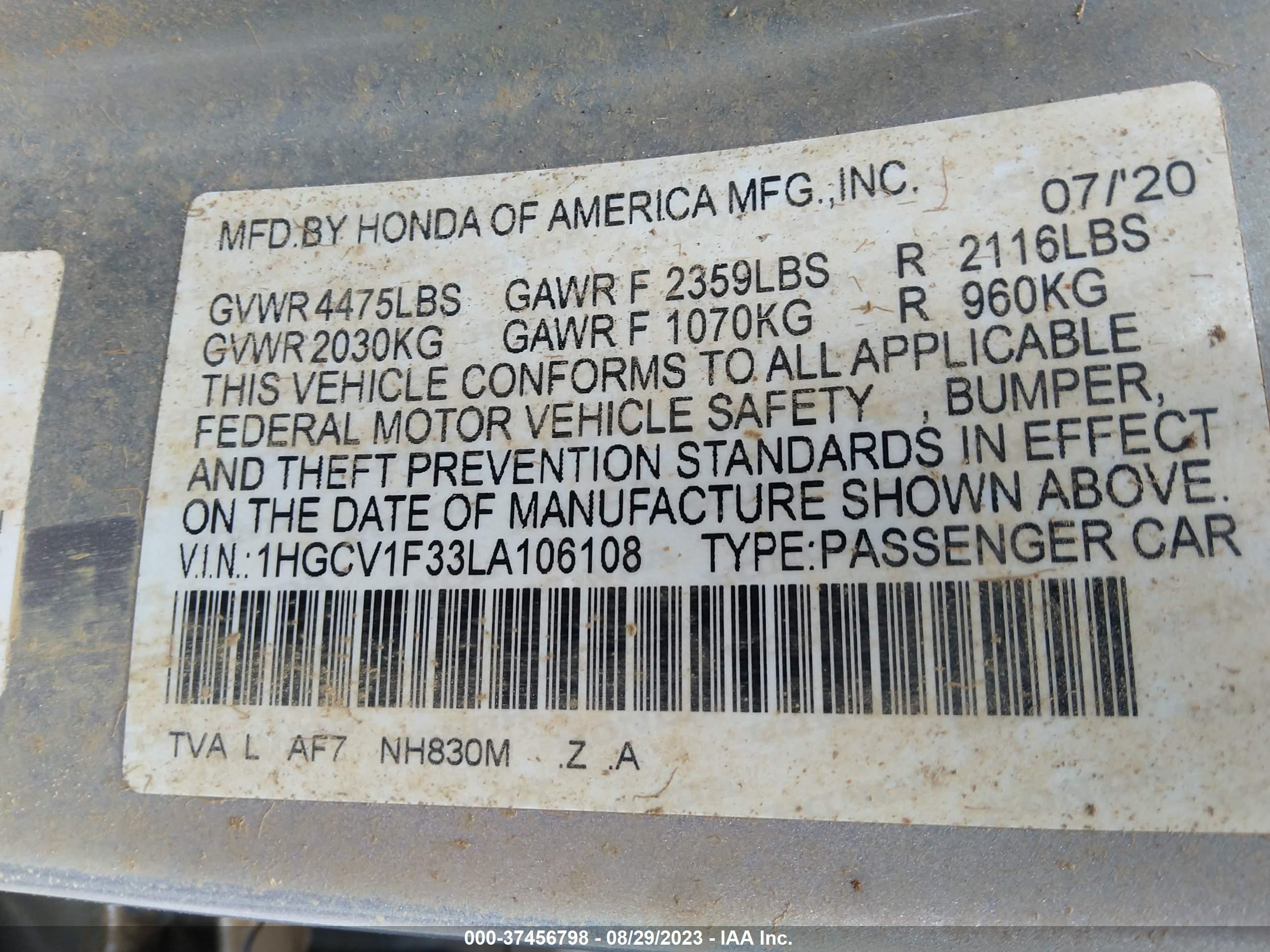 Photo 8 VIN: 1HGCV1F33LA106108 - HONDA ACCORD 