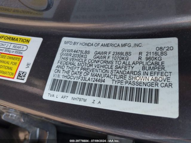 Photo 8 VIN: 1HGCV1F33LA124494 - HONDA ACCORD 