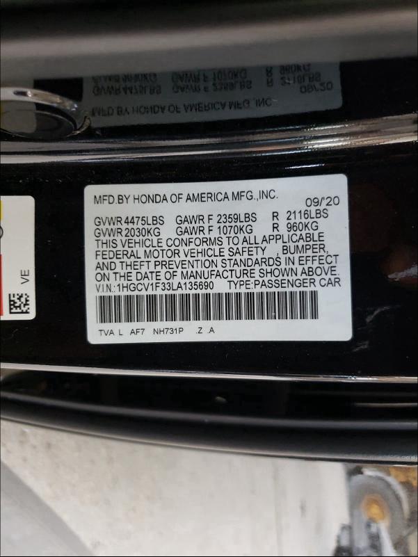 Photo 9 VIN: 1HGCV1F33LA135690 - HONDA ACCORD SPO 