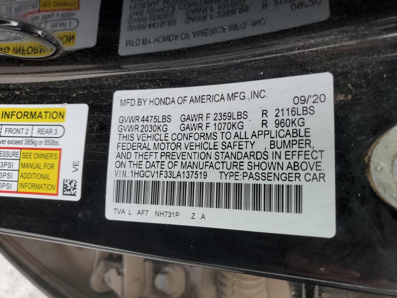 Photo 11 VIN: 1HGCV1F33LA137519 - HONDA ACCORD 