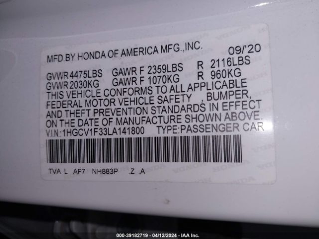 Photo 8 VIN: 1HGCV1F33LA141800 - HONDA ACCORD 