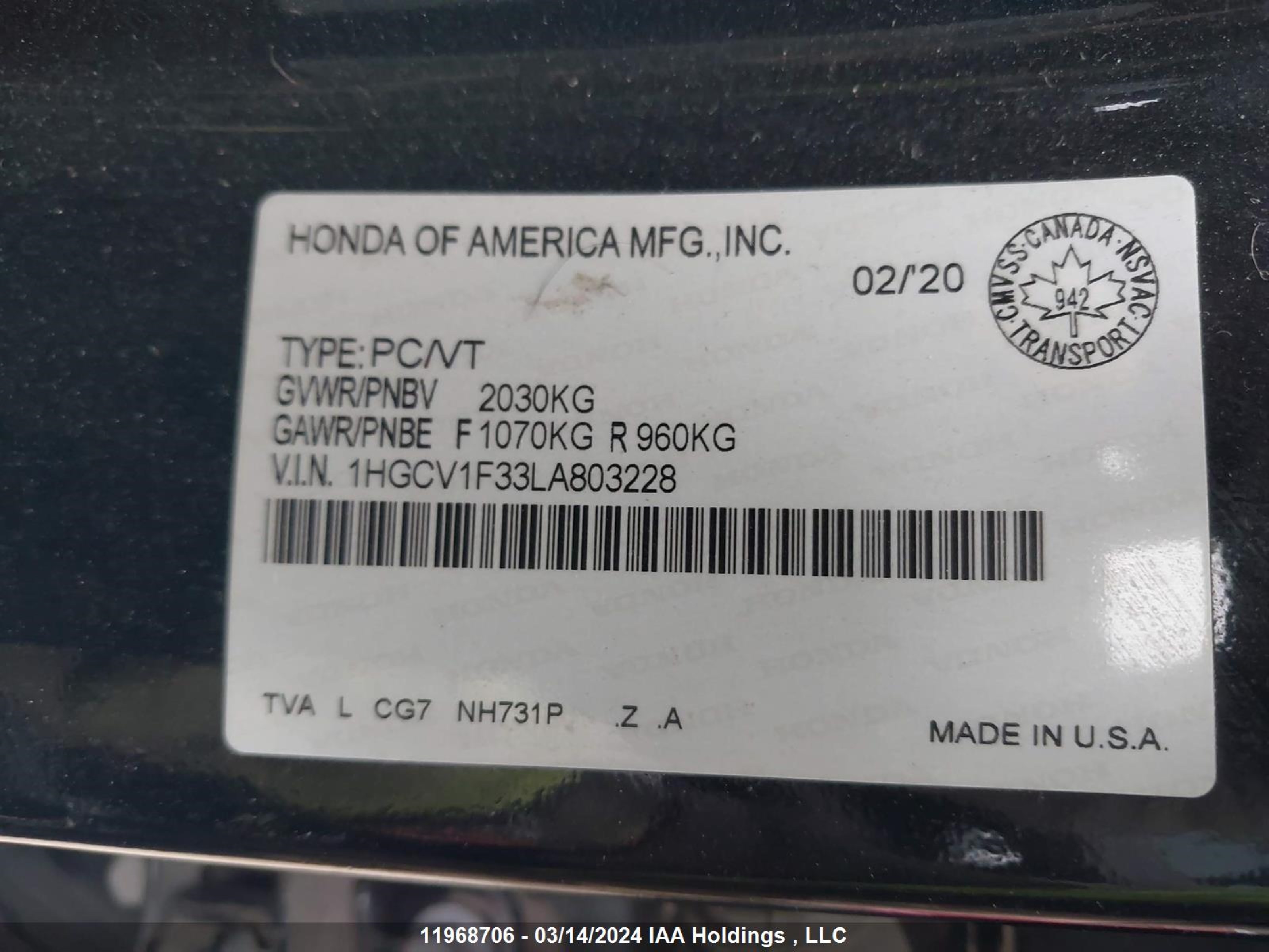 Photo 8 VIN: 1HGCV1F33LA803228 - HONDA ACCORD 