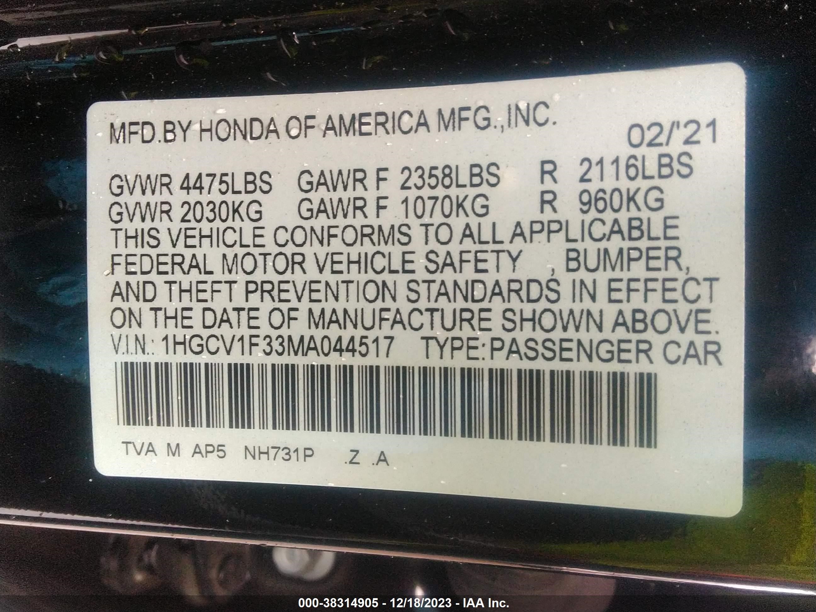 Photo 8 VIN: 1HGCV1F33MA044517 - HONDA ACCORD 