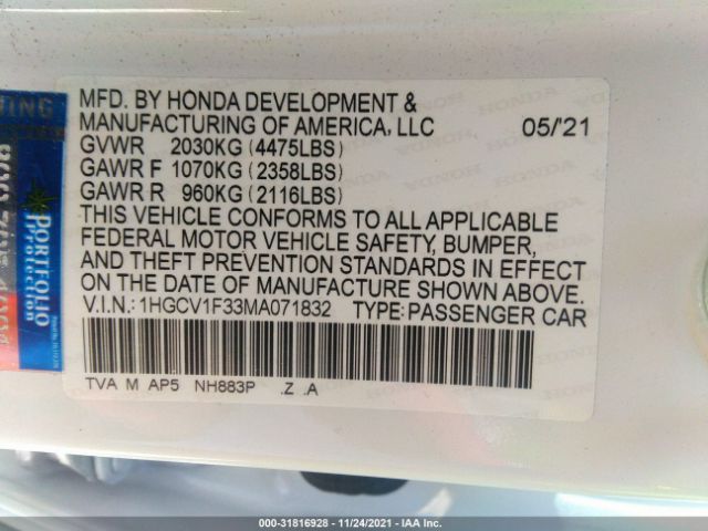 Photo 8 VIN: 1HGCV1F33MA071832 - HONDA ACCORD SEDAN 