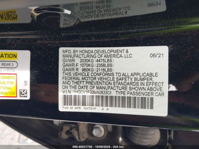 Photo 8 VIN: 1HGCV1F33MA083303 - HONDA ACCORD 