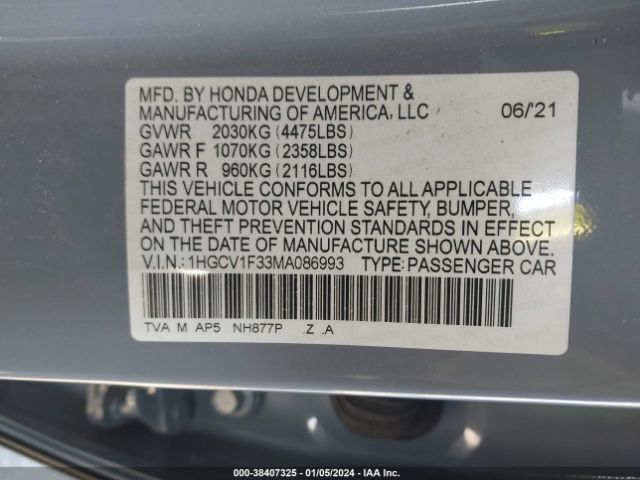 Photo 8 VIN: 1HGCV1F33MA086993 - HONDA ACCORD 