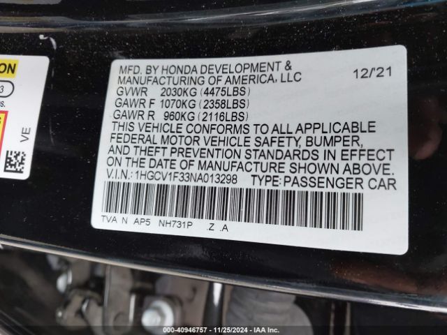 Photo 8 VIN: 1HGCV1F33NA013298 - HONDA ACCORD 