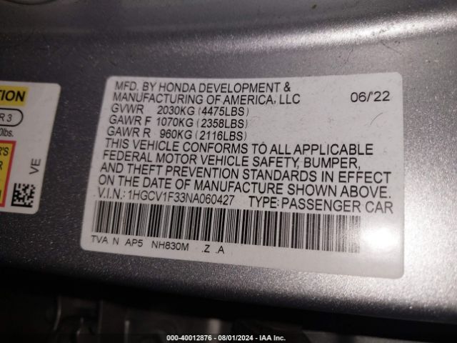 Photo 8 VIN: 1HGCV1F33NA060427 - HONDA ACCORD 