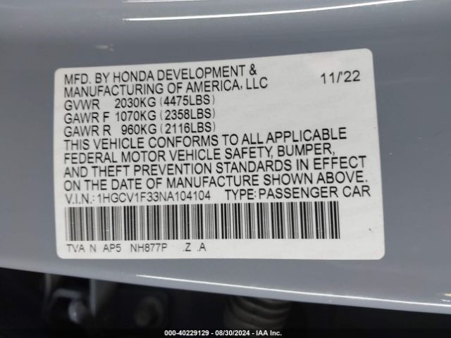 Photo 8 VIN: 1HGCV1F33NA104104 - HONDA ACCORD 