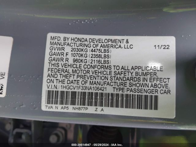 Photo 8 VIN: 1HGCV1F33NA106421 - HONDA ACCORD 