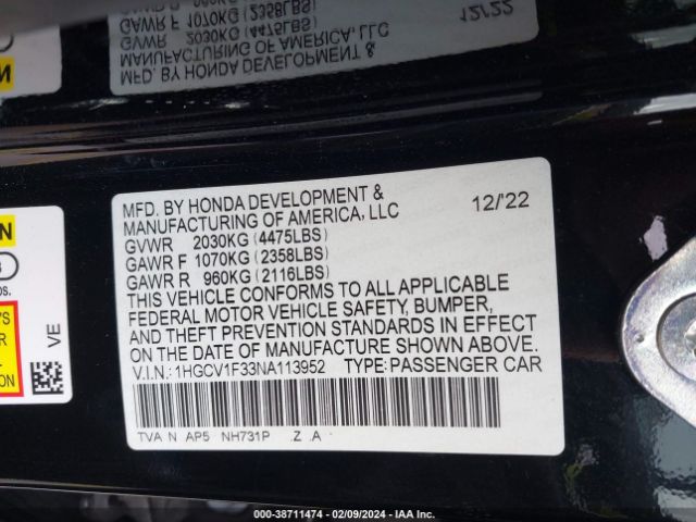 Photo 8 VIN: 1HGCV1F33NA113952 - HONDA ACCORD 