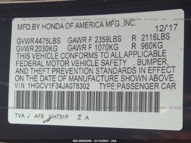 Photo 8 VIN: 1HGCV1F34JA078302 - HONDA ACCORD SEDAN 