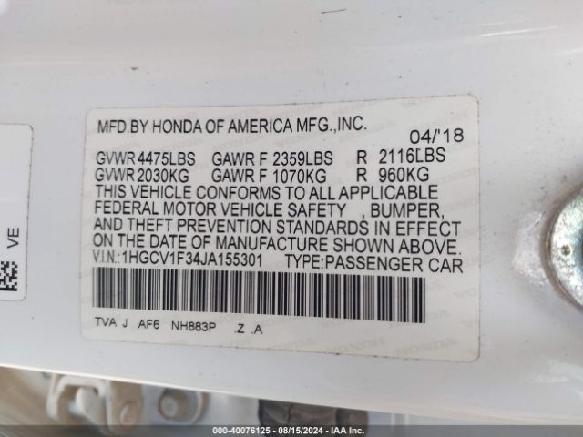 Photo 8 VIN: 1HGCV1F34JA155301 - HONDA ACCORD 