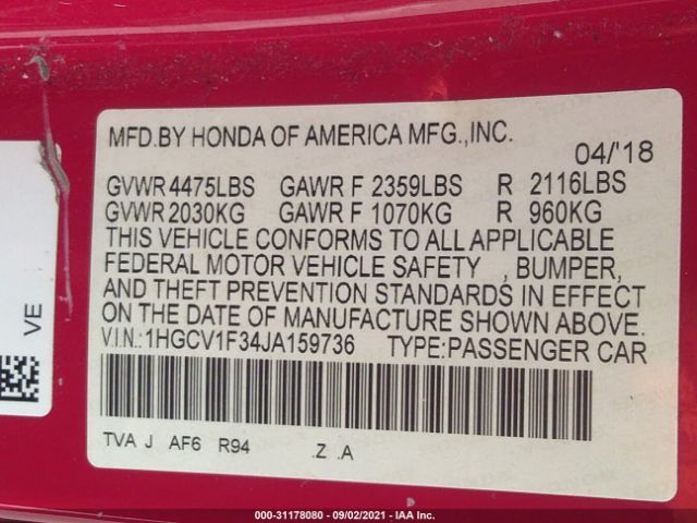 Photo 8 VIN: 1HGCV1F34JA159736 - HONDA ACCORD SEDAN 