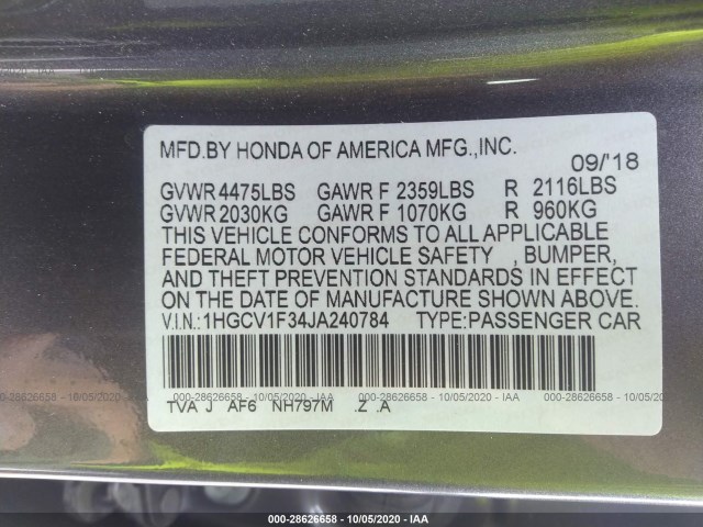 Photo 8 VIN: 1HGCV1F34JA240784 - HONDA ACCORD SEDAN 