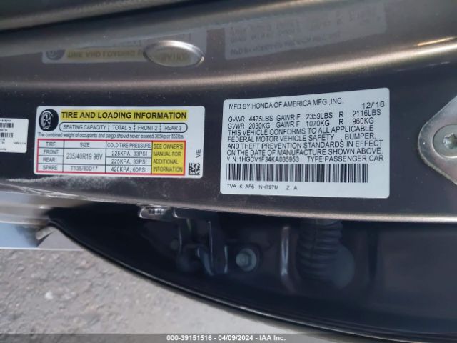 Photo 8 VIN: 1HGCV1F34KA035953 - HONDA ACCORD 