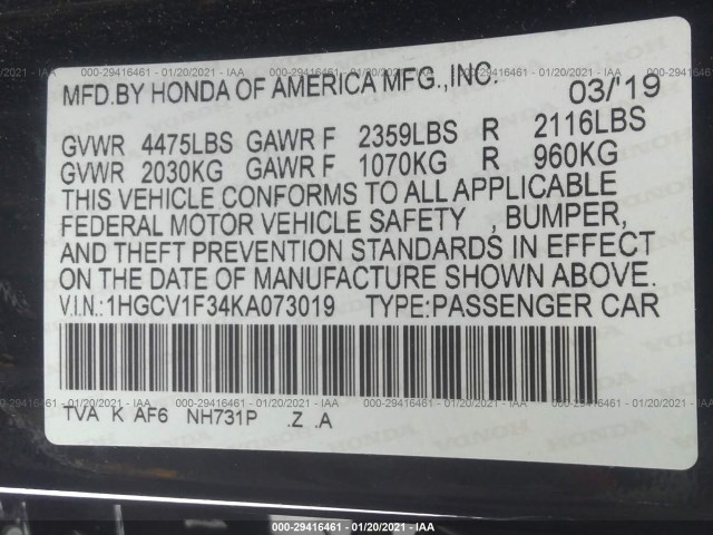 Photo 8 VIN: 1HGCV1F34KA073019 - HONDA ACCORD SEDAN 