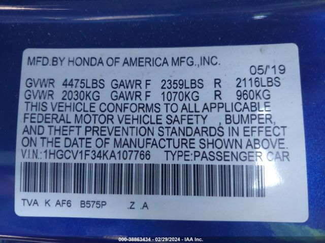 Photo 8 VIN: 1HGCV1F34KA107766 - HONDA ACCORD 