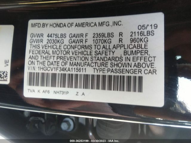 Photo 8 VIN: 1HGCV1F34KA115611 - HONDA ACCORD 