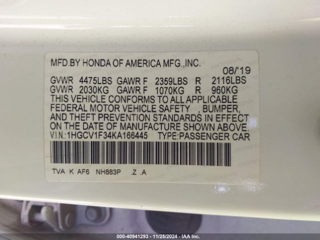 Photo 8 VIN: 1HGCV1F34KA166445 - HONDA ACCORD 