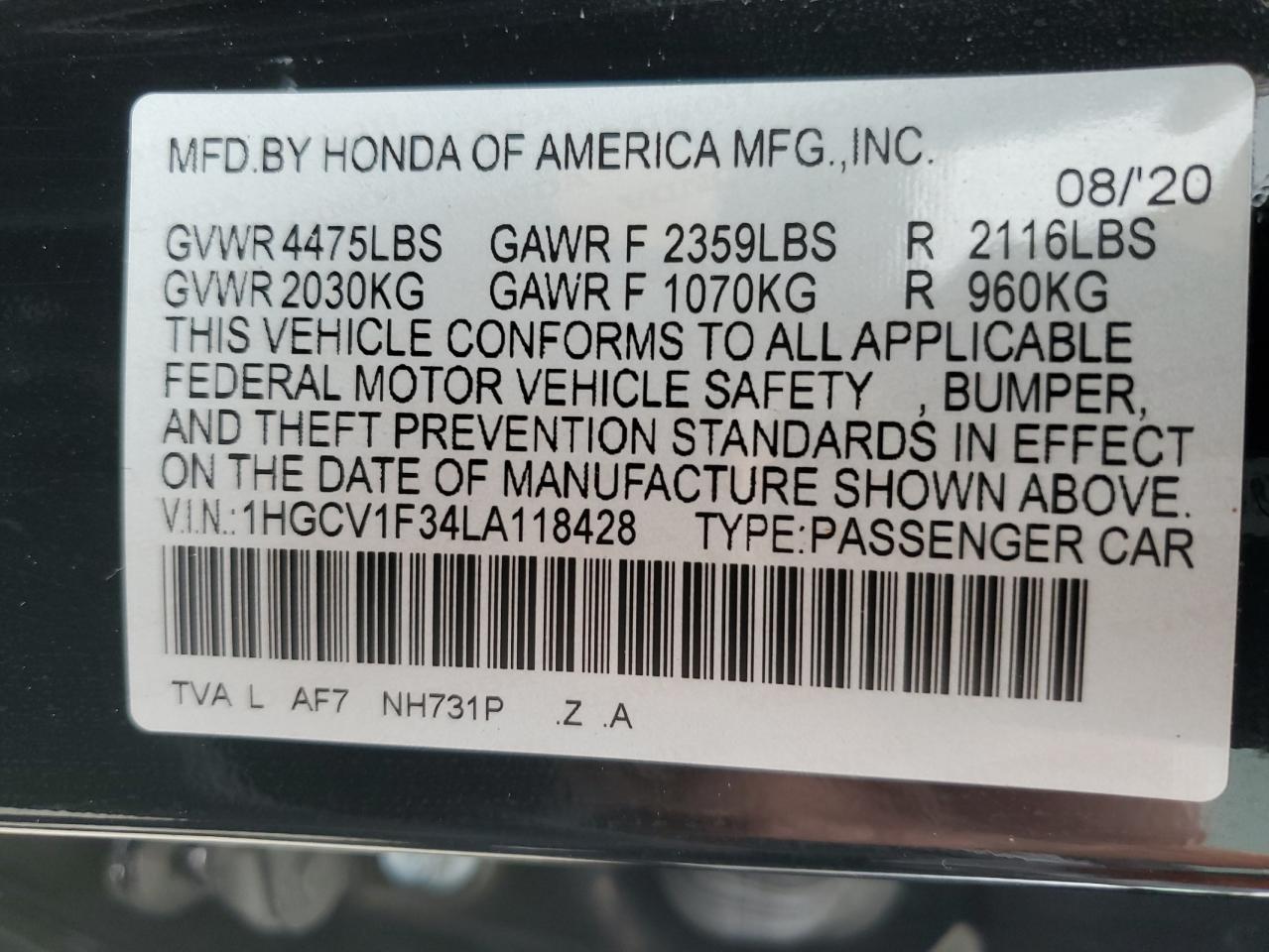 Photo 11 VIN: 1HGCV1F34LA118428 - HONDA ACCORD 