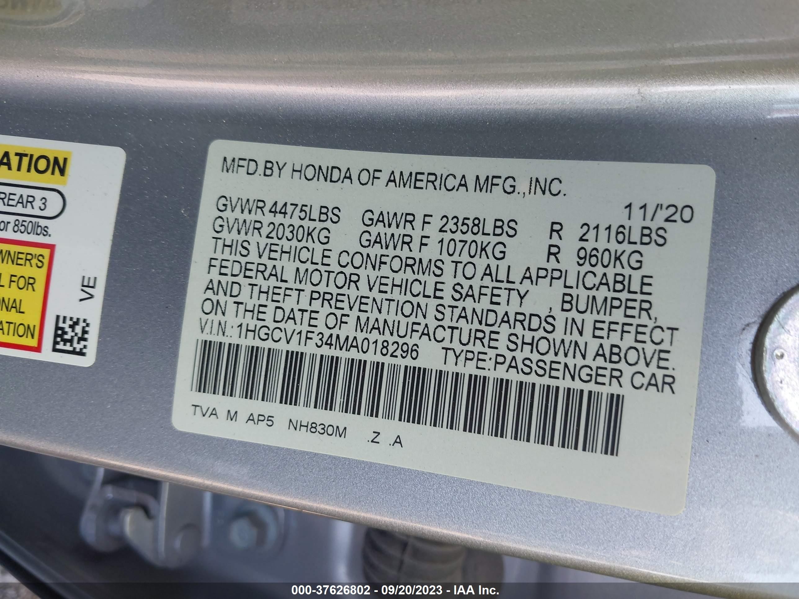 Photo 8 VIN: 1HGCV1F34MA018296 - HONDA ACCORD 