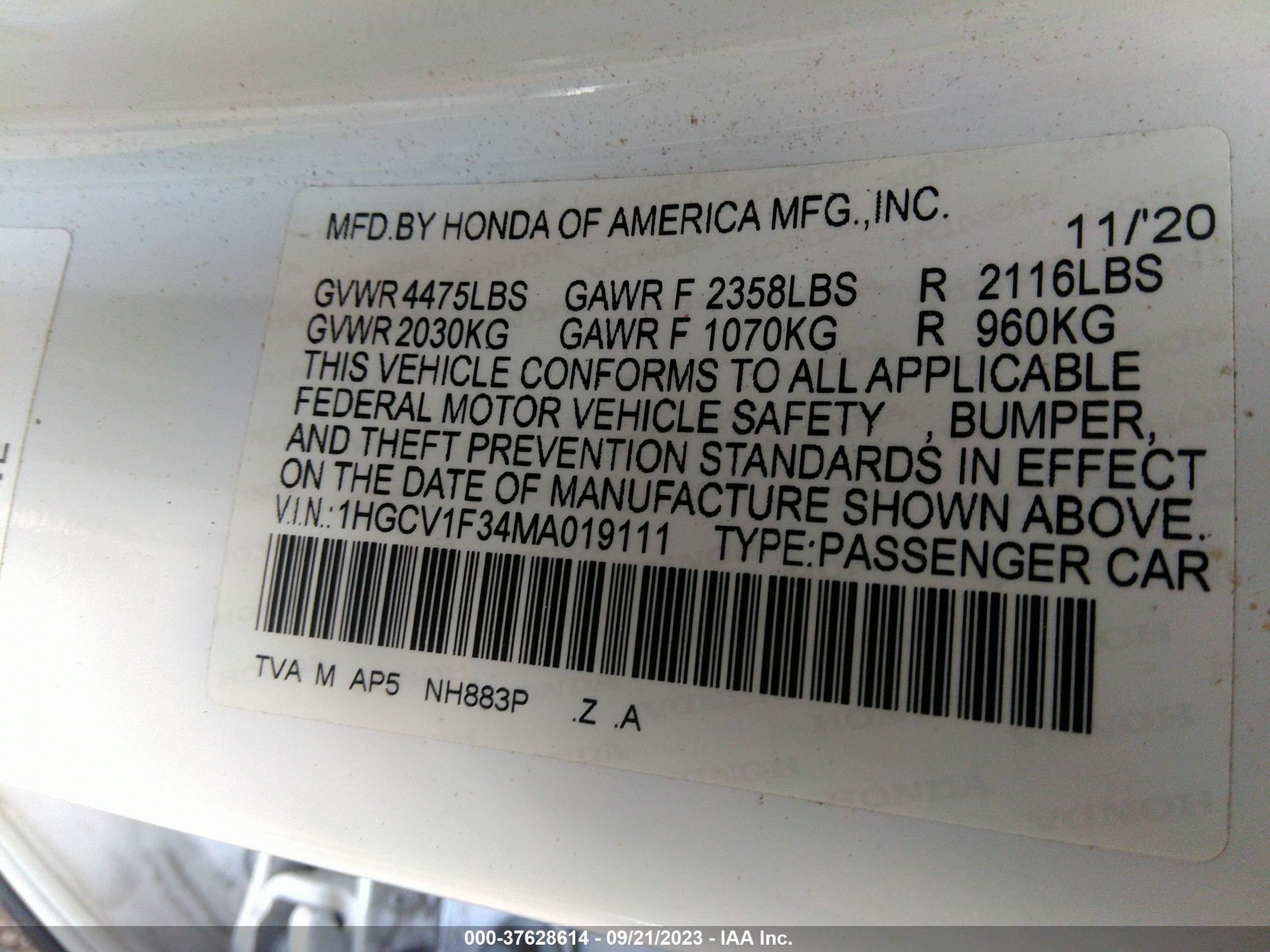 Photo 8 VIN: 1HGCV1F34MA019111 - HONDA ACCORD 