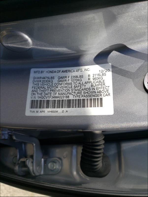 Photo 9 VIN: 1HGCV1F34MA023188 - HONDA ACCORD SPO 