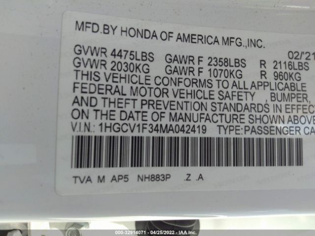 Photo 8 VIN: 1HGCV1F34MA042419 - HONDA ACCORD SEDAN 