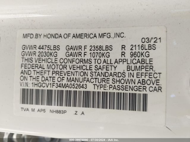 Photo 8 VIN: 1HGCV1F34MA052643 - HONDA ACCORD 