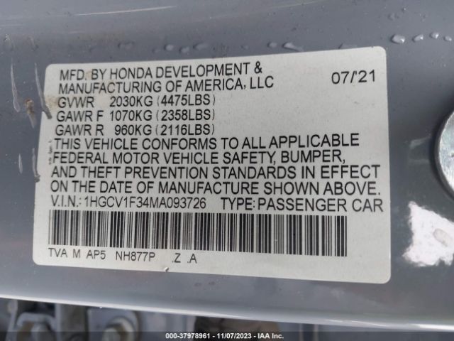 Photo 8 VIN: 1HGCV1F34MA093726 - HONDA ACCORD SEDAN 