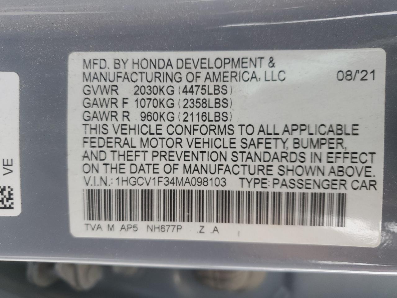 Photo 11 VIN: 1HGCV1F34MA098103 - HONDA ACCORD 