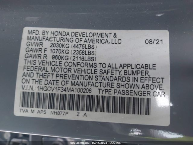 Photo 8 VIN: 1HGCV1F34MA100206 - HONDA ACCORD 