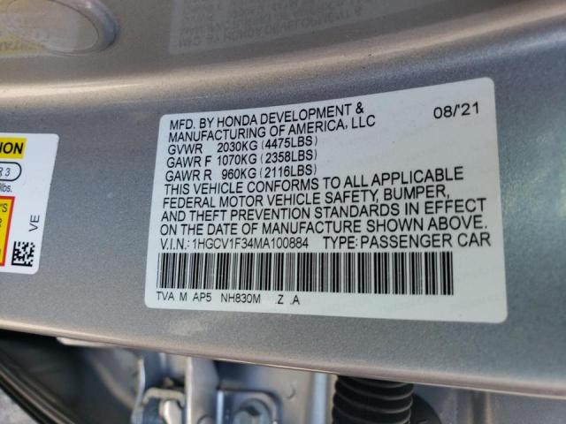 Photo 9 VIN: 1HGCV1F34MA100884 - HONDA ACCORD SPO 