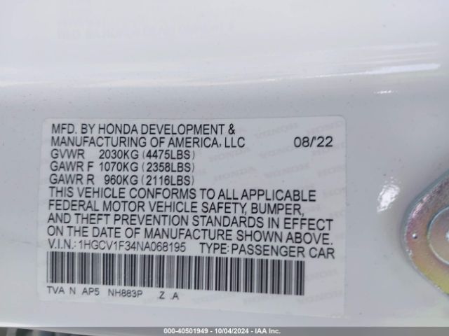 Photo 8 VIN: 1HGCV1F34NA068195 - HONDA ACCORD 