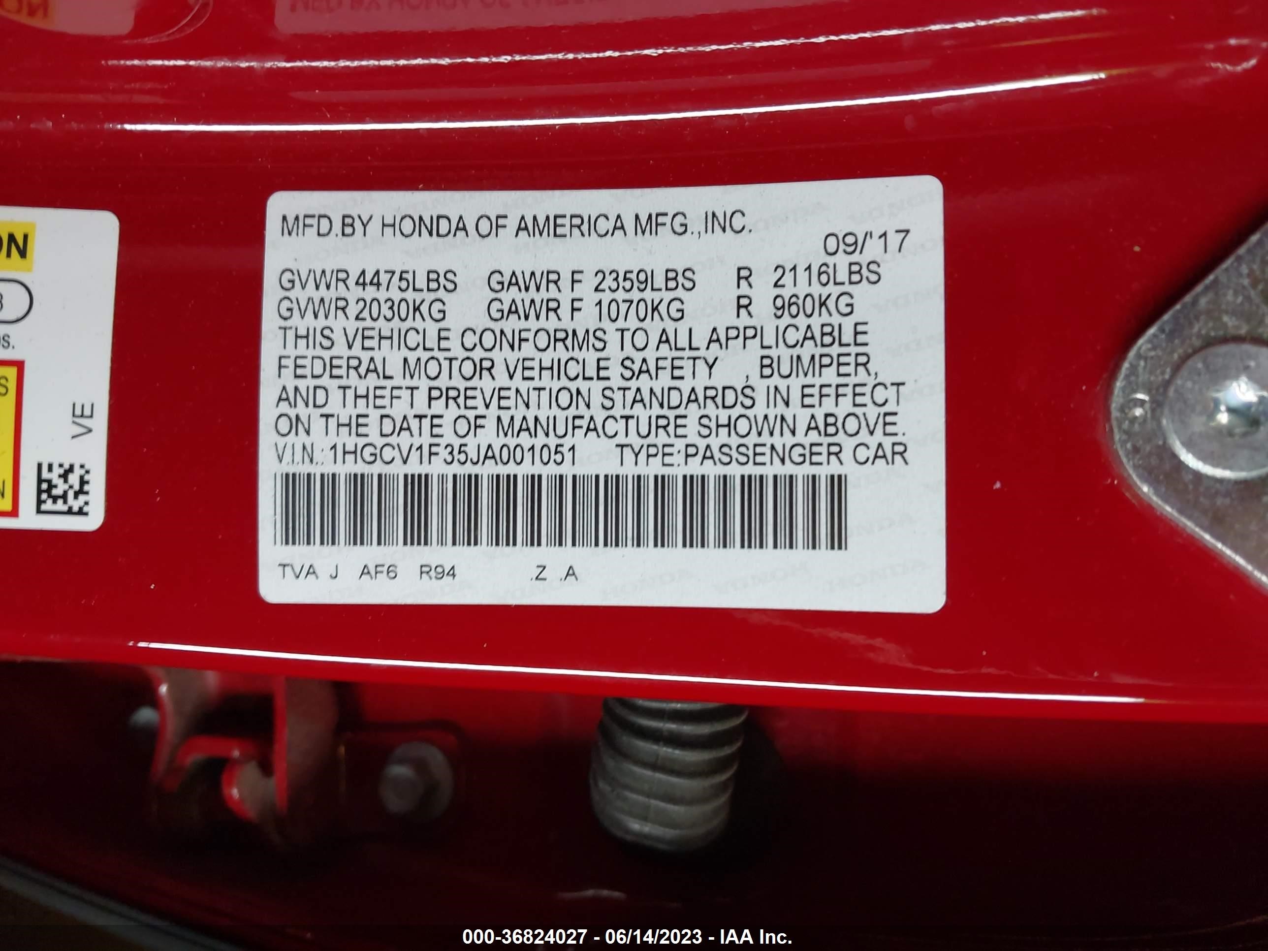 Photo 8 VIN: 1HGCV1F35JA001051 - HONDA ACCORD 