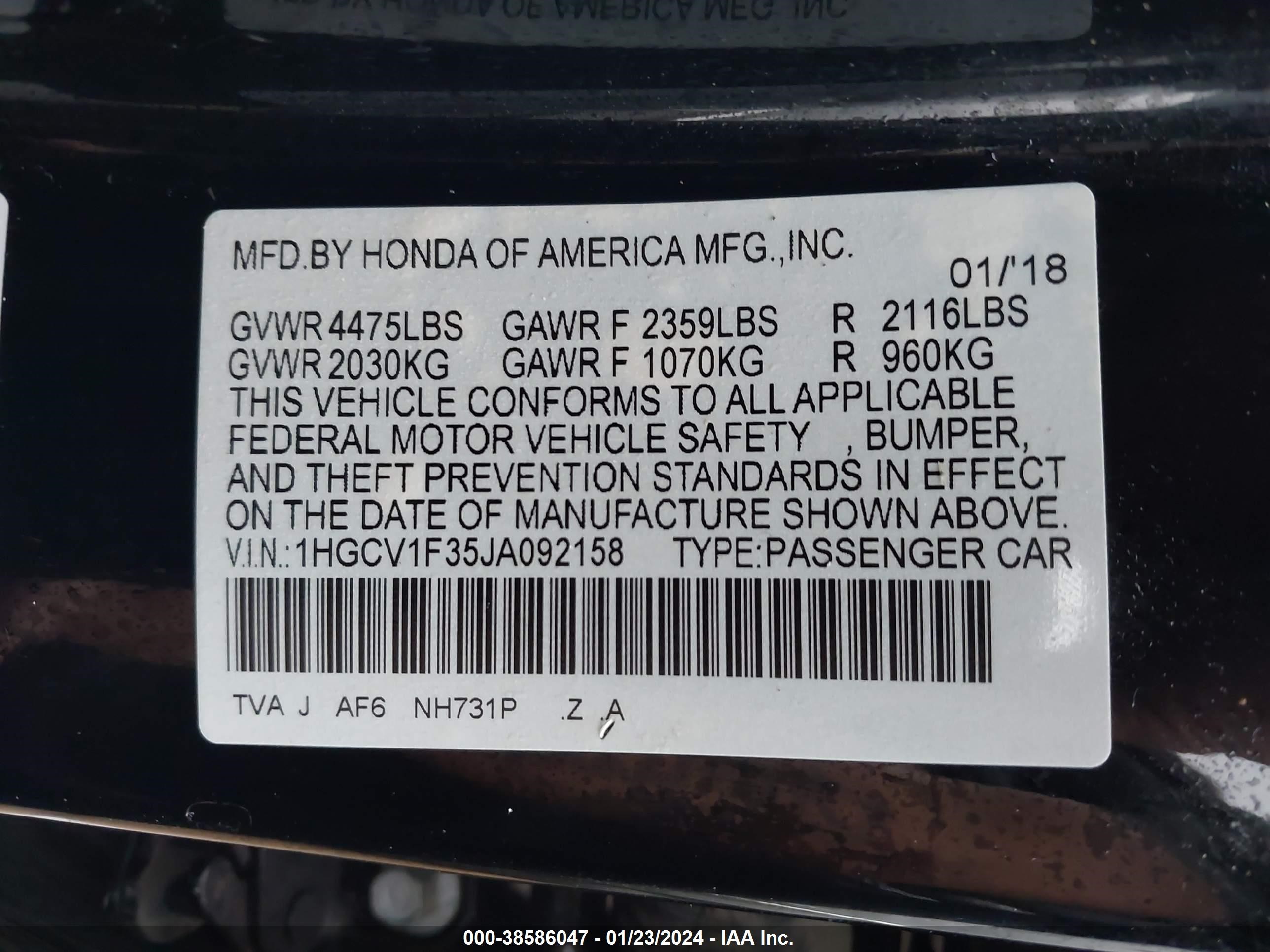 Photo 8 VIN: 1HGCV1F35JA092158 - HONDA ACCORD 