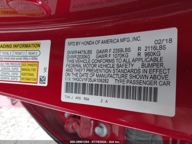 Photo 8 VIN: 1HGCV1F35JA109282 - HONDA ACCORD 