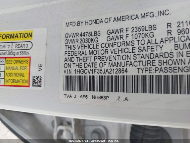 Photo 8 VIN: 1HGCV1F35JA212864 - HONDA ACCORD 